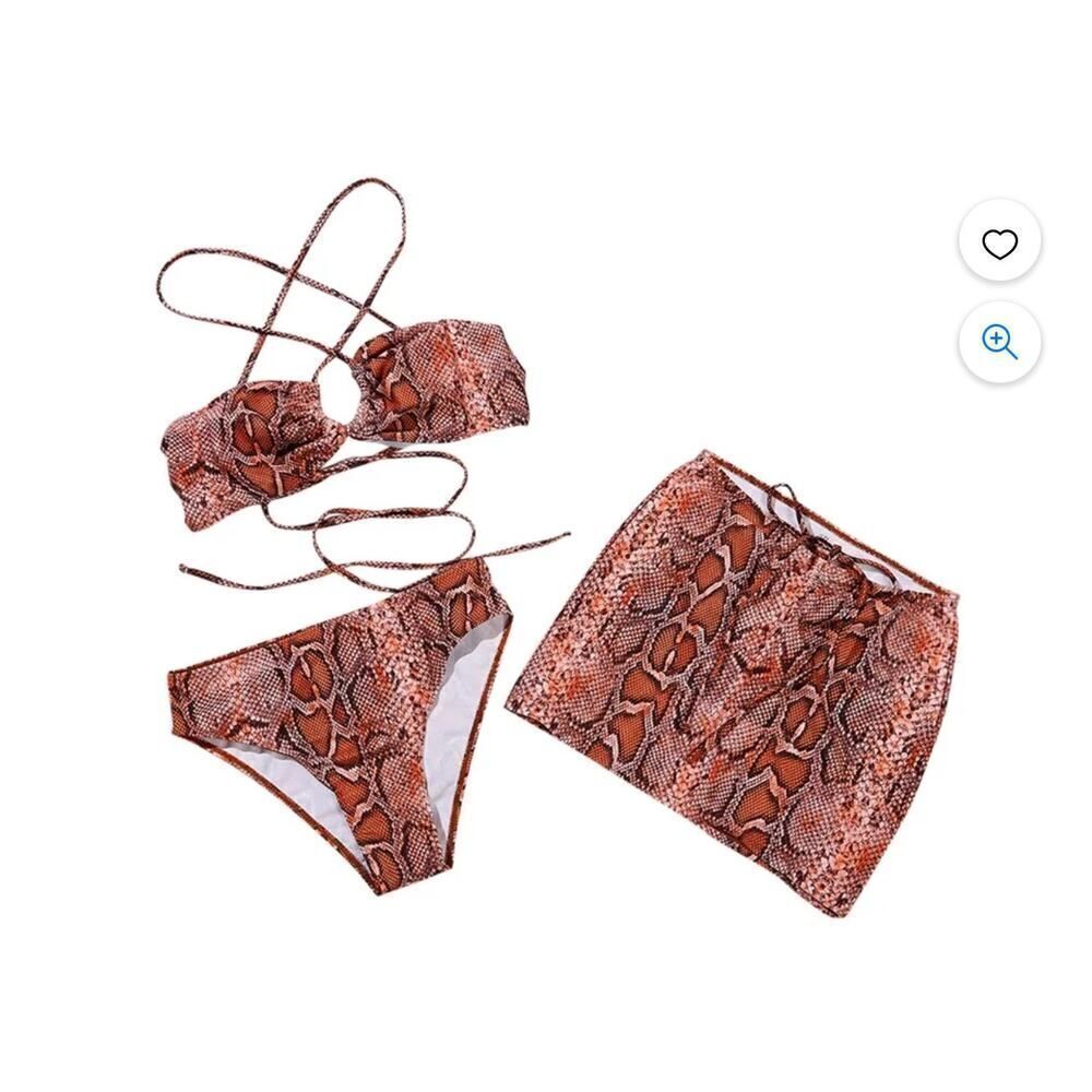 SHEIN Brown Snake Print Bikini Set with Cover-Up Skirt